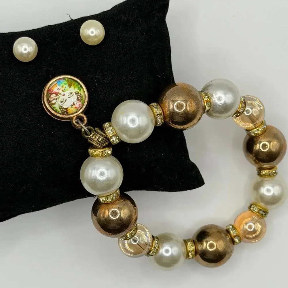 ♠️ Alice Charm Bracelet + Pearl Stud Set